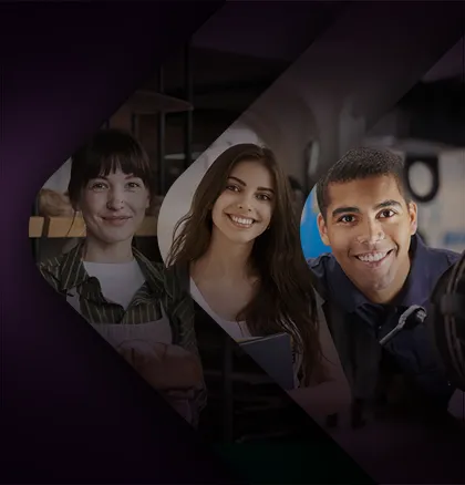 Fundo roxo com uma 3 fotos. A primeira de uma mulher em ambiente de padaria. A segunda de uma estudante. A terceira de um mecânico.