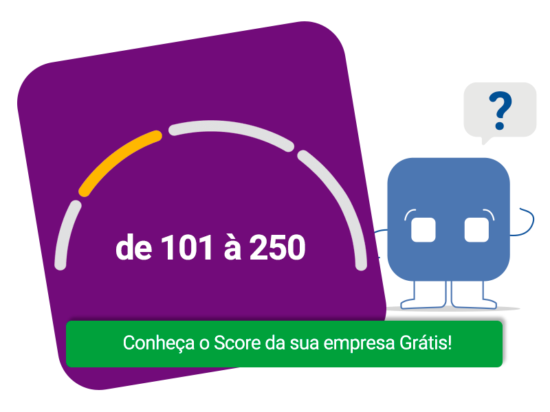 Cardo com representação de uma pontuação de 101 à 250 com um botão indicando conhecer o score da sua empresa gratuitamente