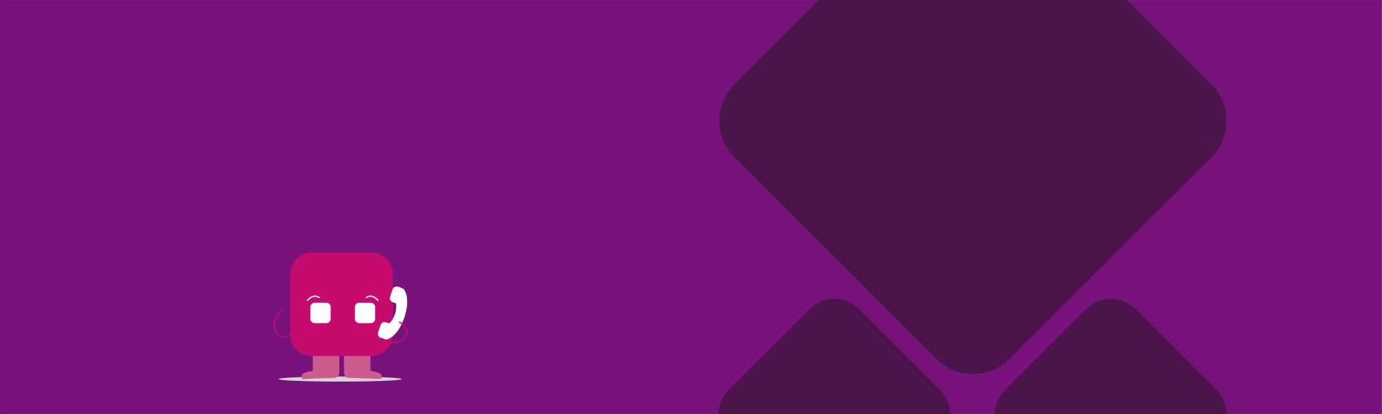Fundo roxo com quadrados com pontas arredondadas e um mascote segurando um telefone